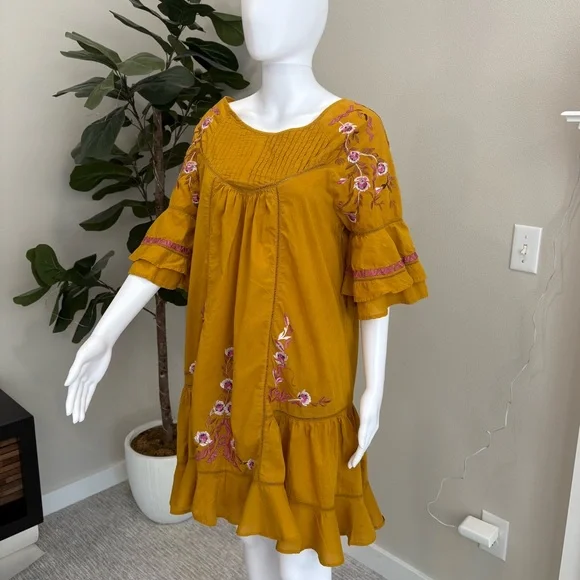Free People Pavlo Floral Embroidered Babydoll Dress SIze Small Tiered Ruffle - Picture 4 of 15